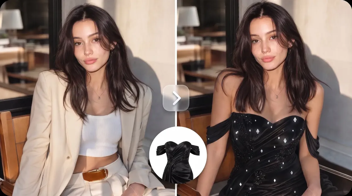 AI virtual try-on result showing a person in a new outfit