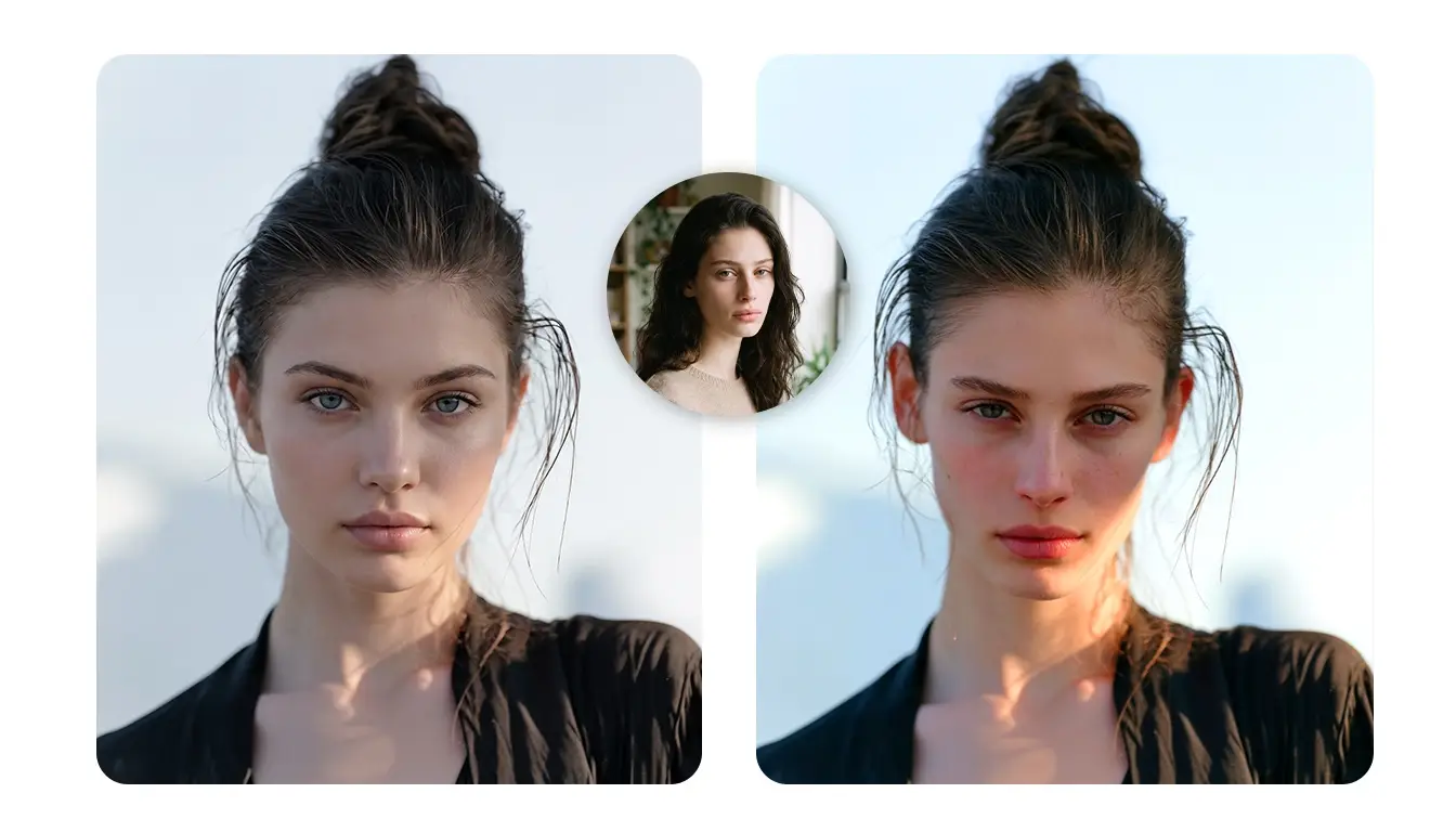 Before-and-after AI face swap portrait comparison with Gemini