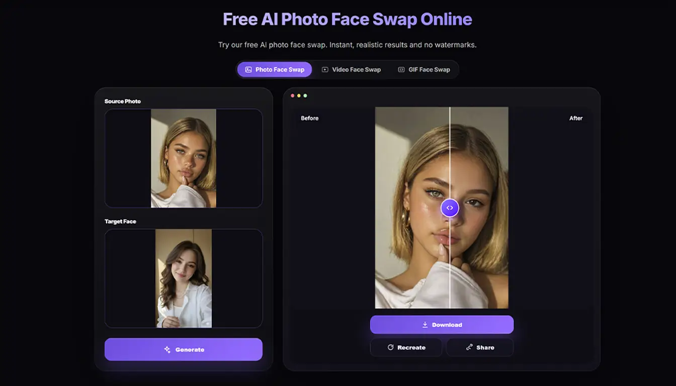 EasyFaceSwap interface showing realistic AI photo face swap results